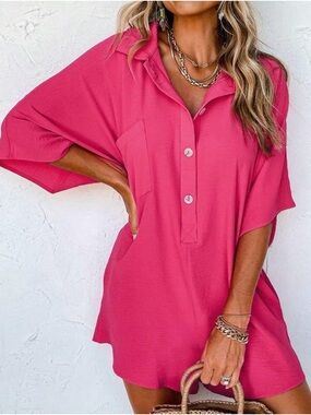 SHEIN Bright Red Short-Sleeve Button-Down Top with Pocket